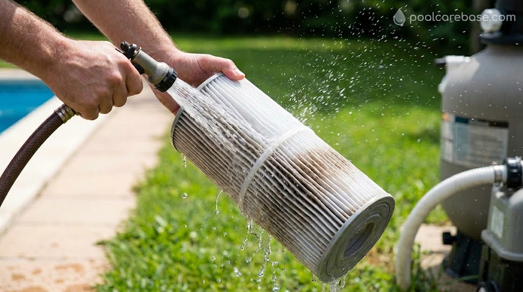 Cleaning a swimming pool cartridge filter safely with pleated filter cartridges and pool equipment