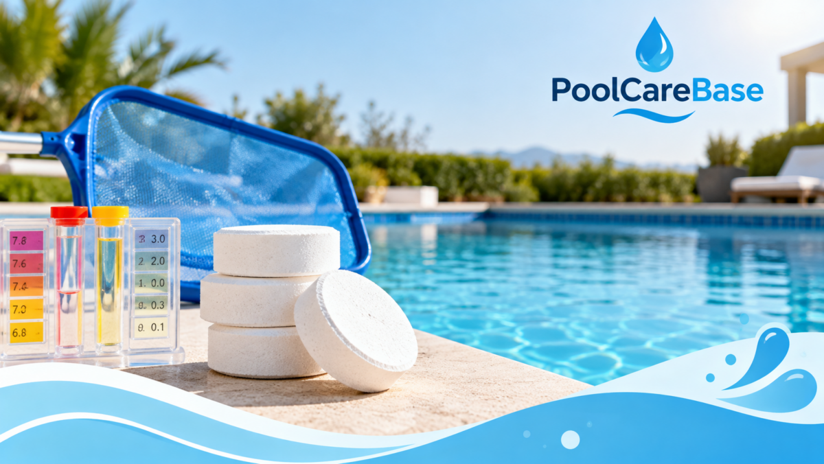 Pool water testing kit showing chlorine and pH readings next to a swimming pool