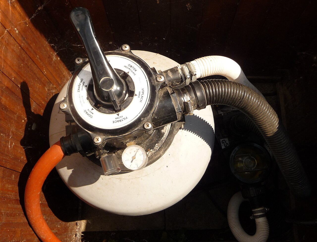 Sand pool filter with multiport valve and pressure gauge for checking normal filter pressure